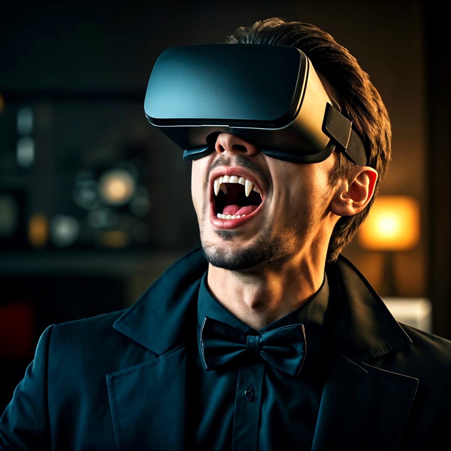 Vampire Practices VR Biting in Modern Living Room