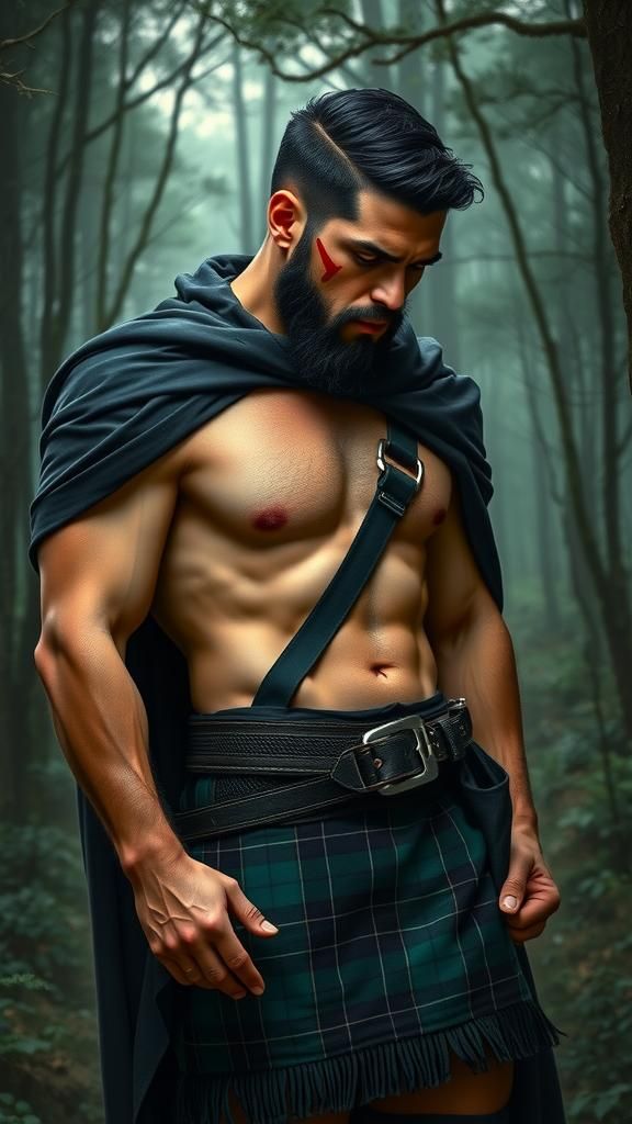 Brawny Man with Scars in Fantasy Forest