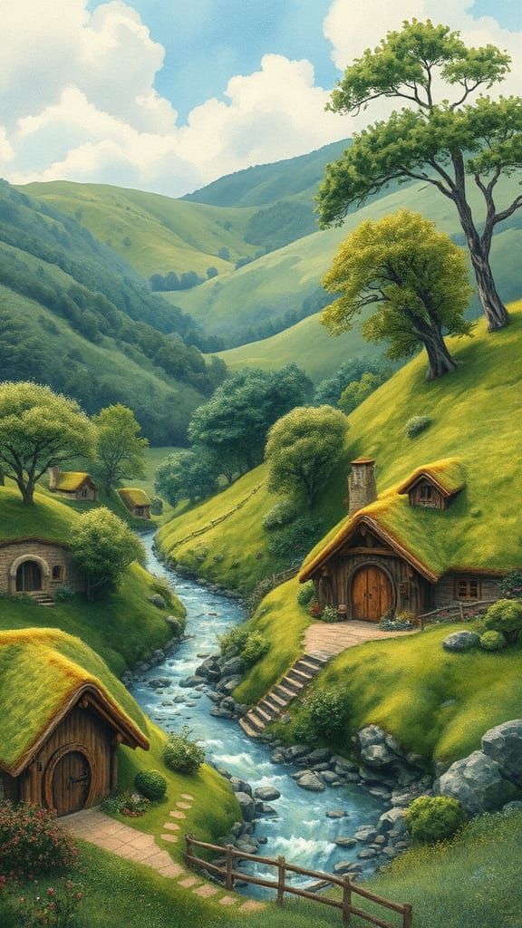 Whimsical Hobbit Villages in a Lush Shire Landscape