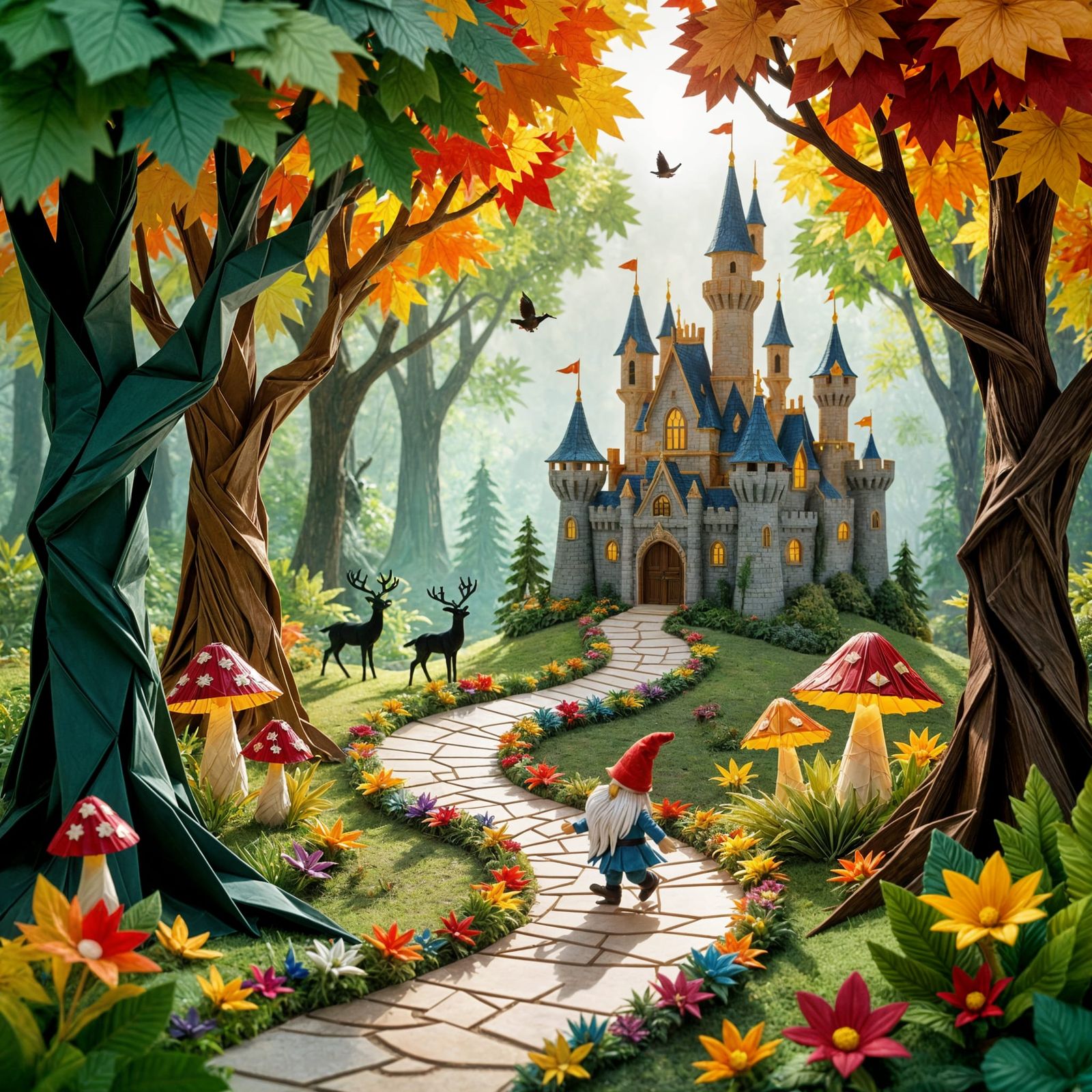 Enchanted Origami Forest Diorama with Castle and Gnome