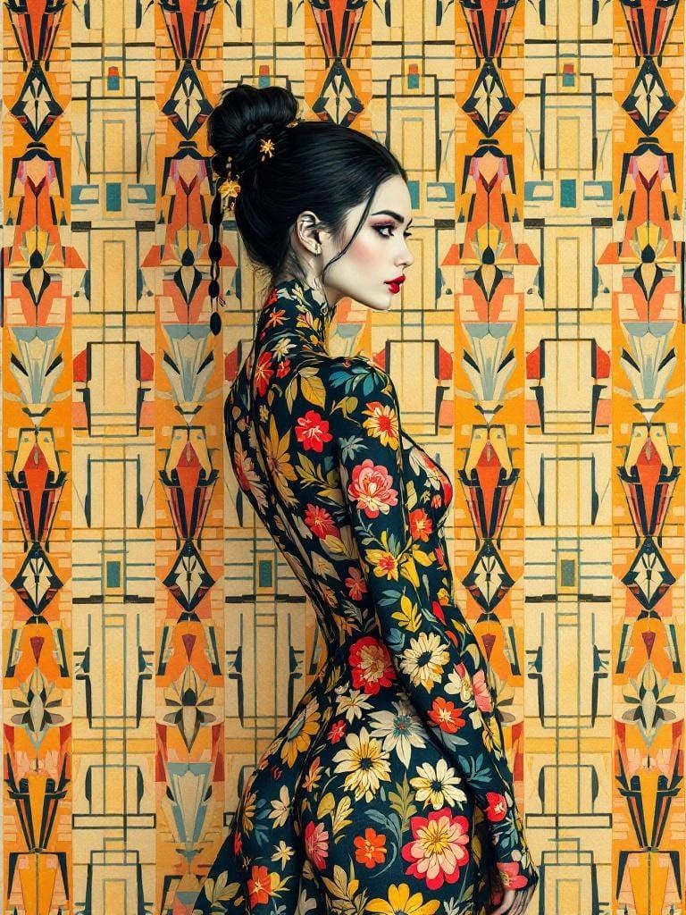 Woman Merges with Geometric Wall, Art Nouveau Style