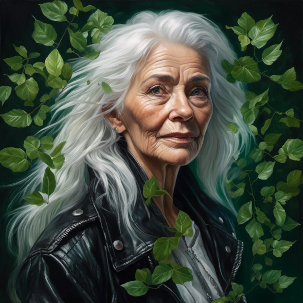 Hyperrealistic Portrait of an Old Woman with Leaves