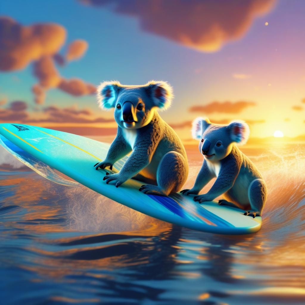 Koalas Surf at Sunset: Fantasy Concept Art