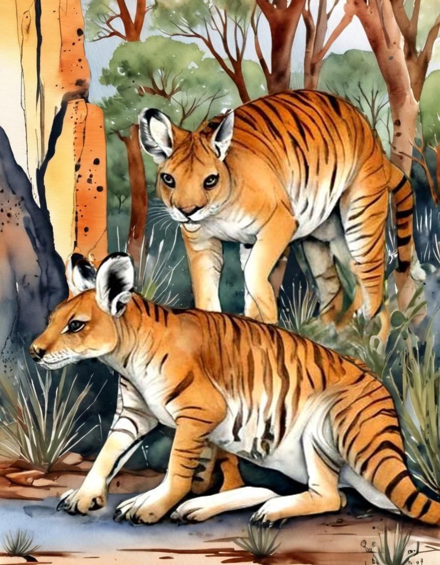 Tiger Kangaroo Hybrid in Outback, Watercolor Illustration