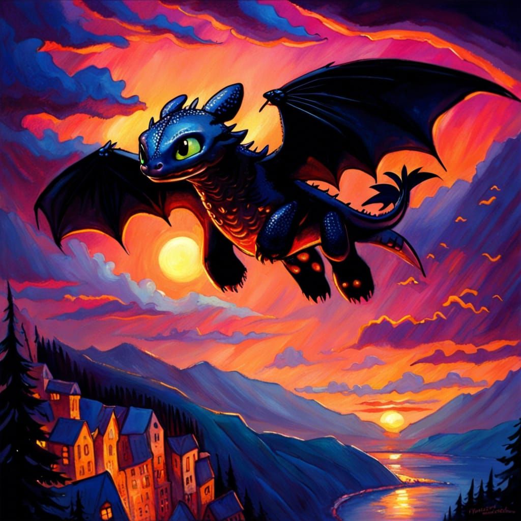Night Fury Soaring at Sunset in Fantasy Art Style