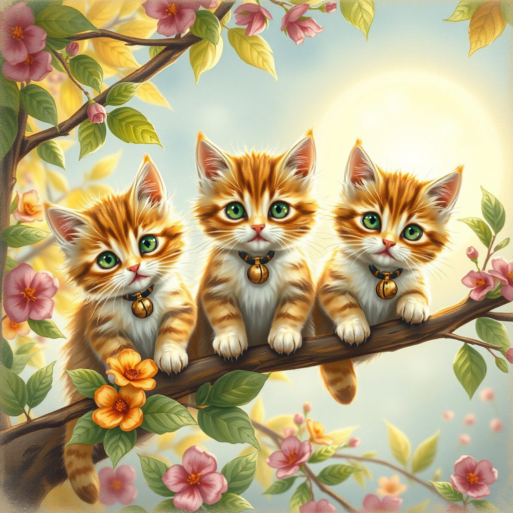 Kittens in Tree, Fairytale Illustration Style