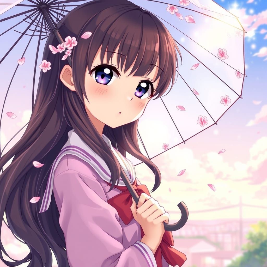 Anime Schoolgirl with Flower Umbrella in Pastel Sky