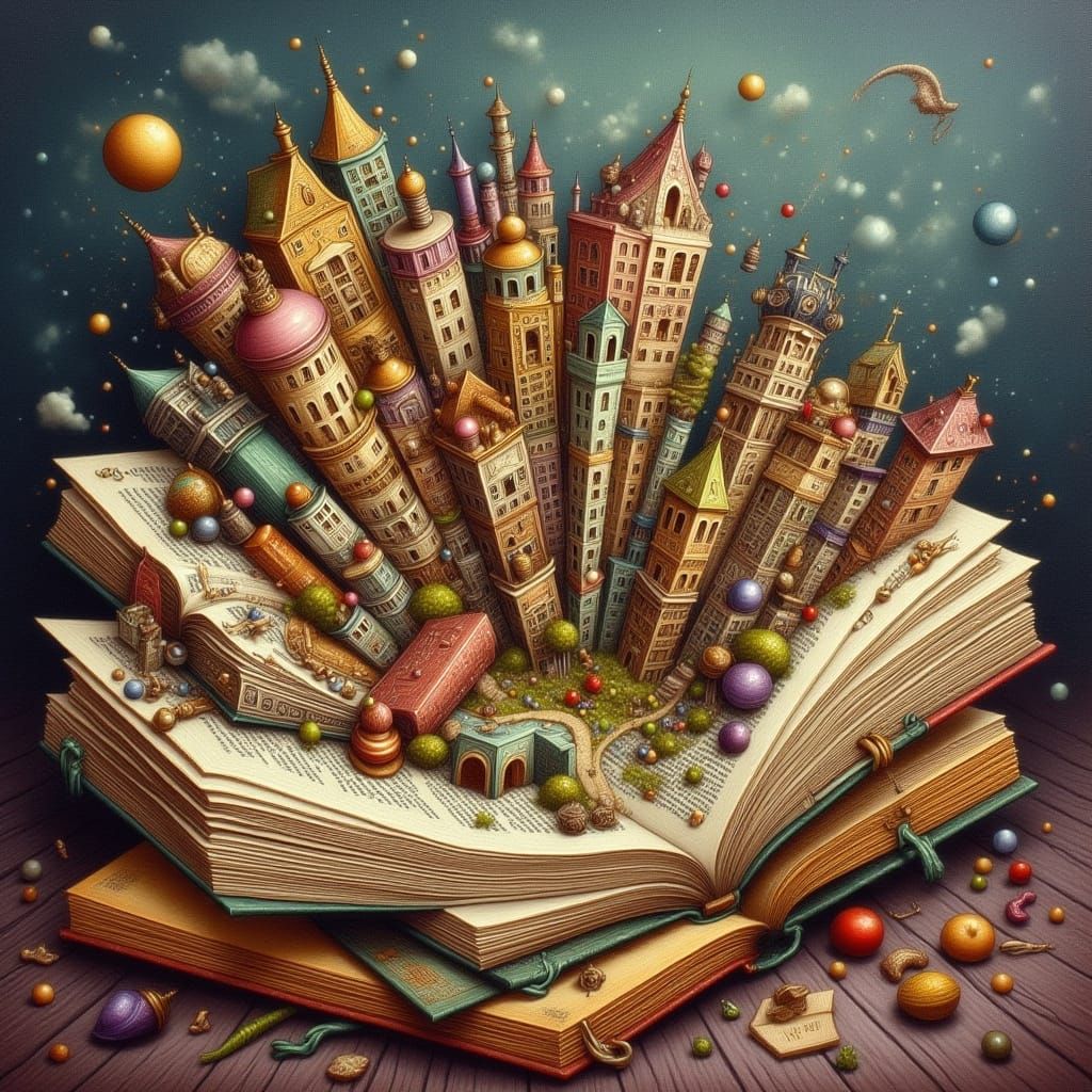 Surreal Landscape in Towering Books Illustration