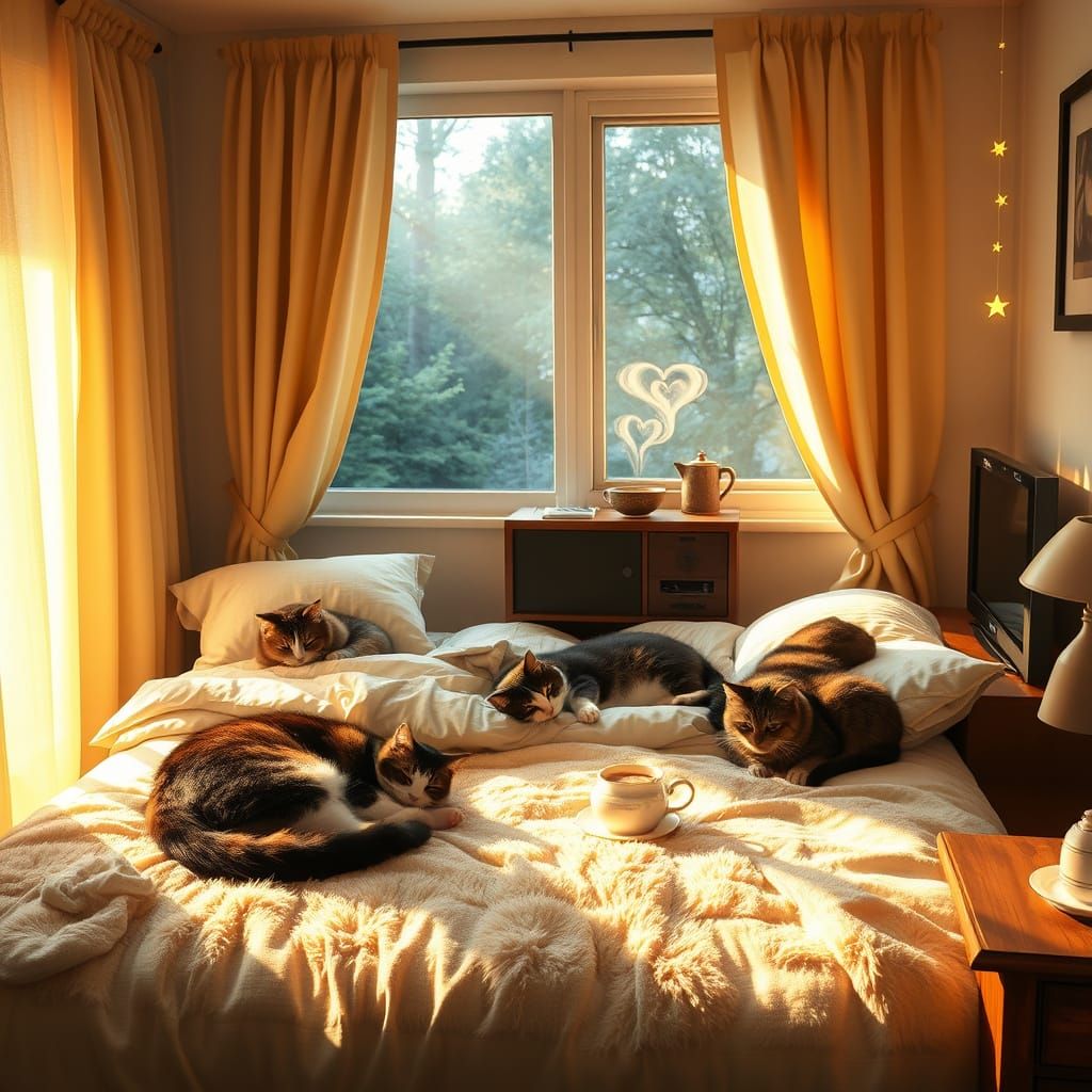 Cozy Bedroom Sanctuary with Cats in Golden Morning Light