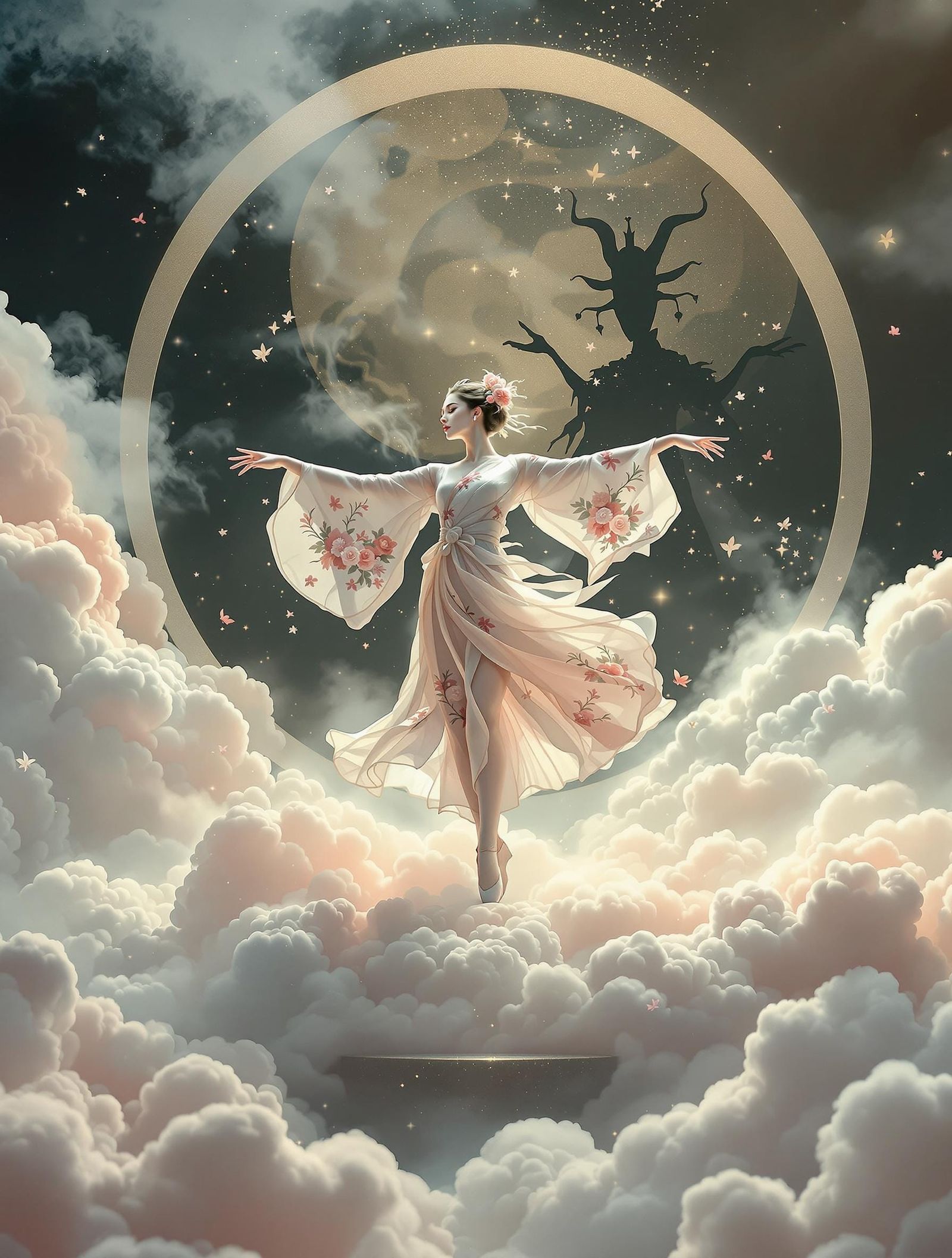 Ethereal East Asian Dancer Defies Gravity in Whimsical Cloud...