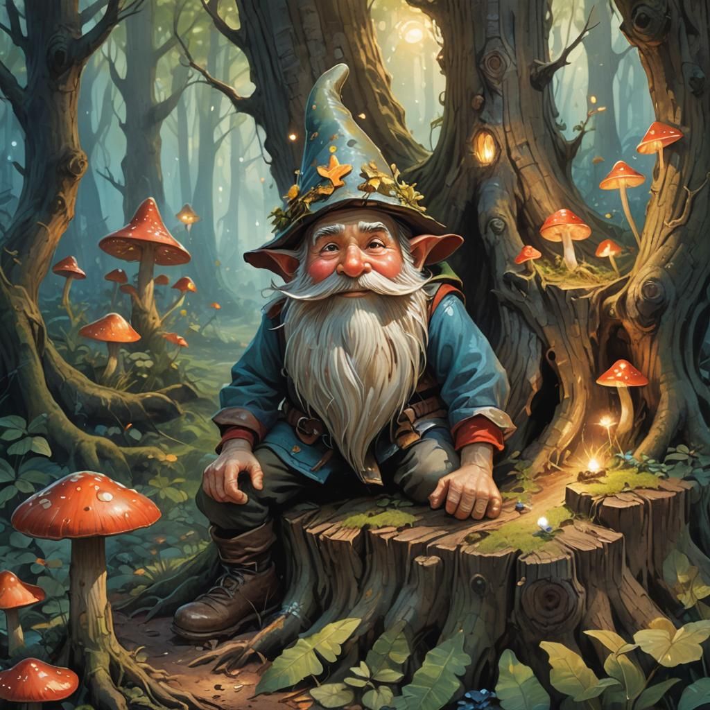 Gnome Emerges in Enchanted Forest, Fantasy Art