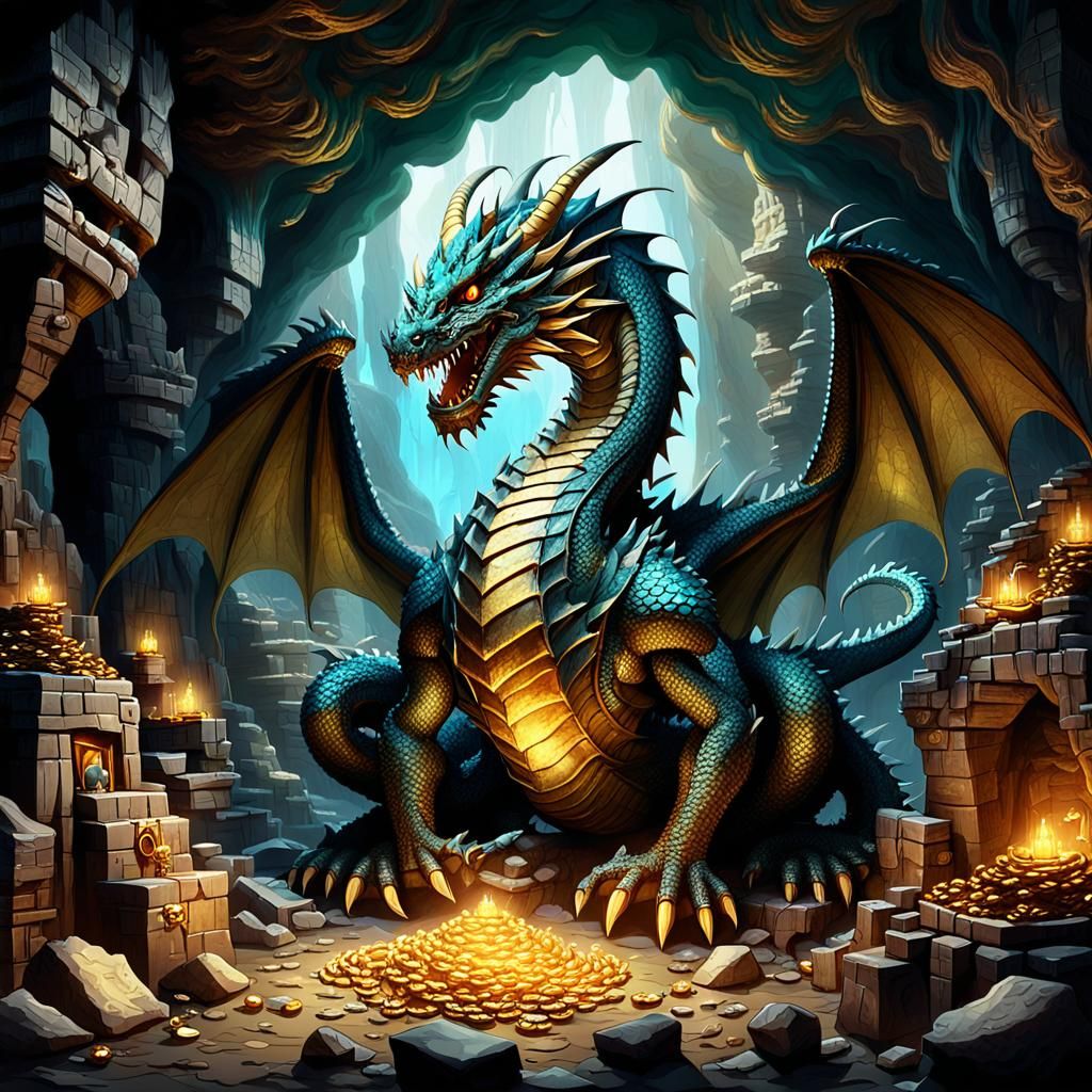 Ancient Dragon's Lair with Treasure Hoard