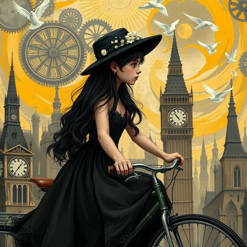 a young girl riding a vintage bicycle