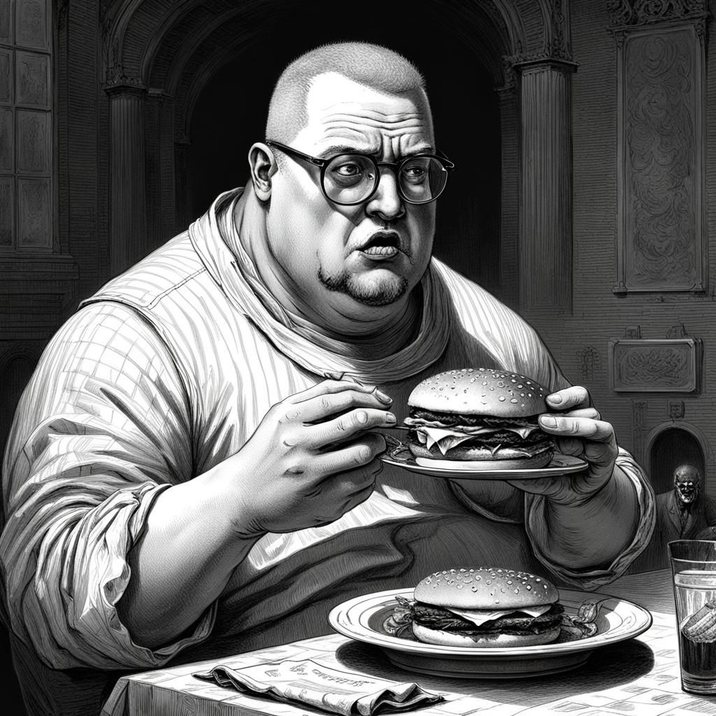 Man Eating Hamburger, Doré-Inspired Engraving