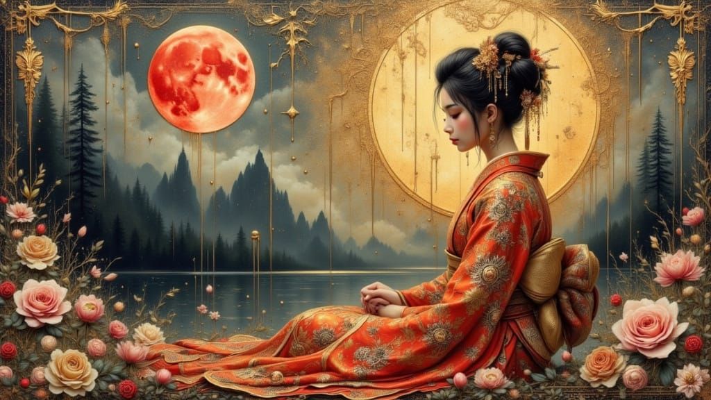 Asian Woman in Kimono with Red Moon in Japanese Art