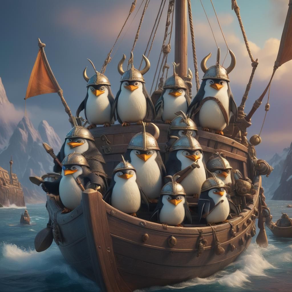 Penguins on Viking Boat: Pixar-Style 3D Art