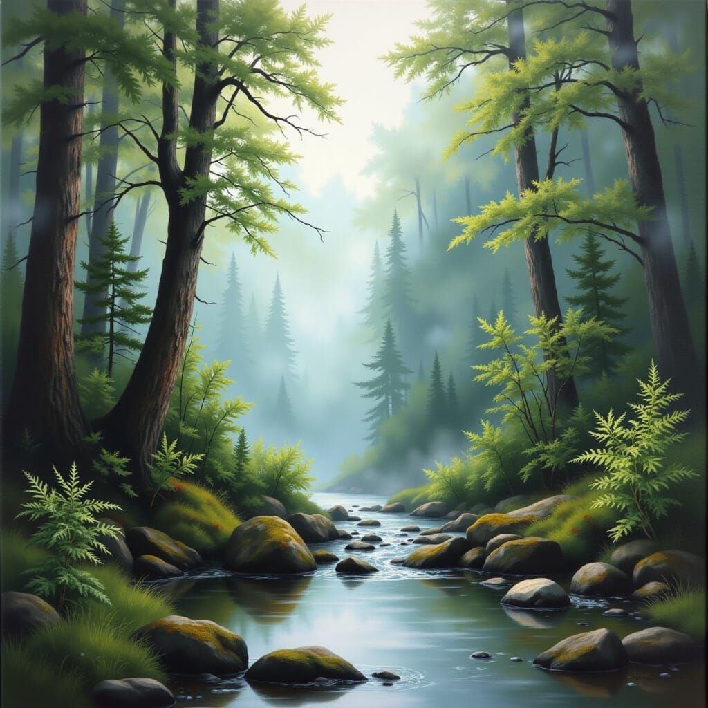 Misty Forest Clearing with Gentle Stream in Digital Painting...