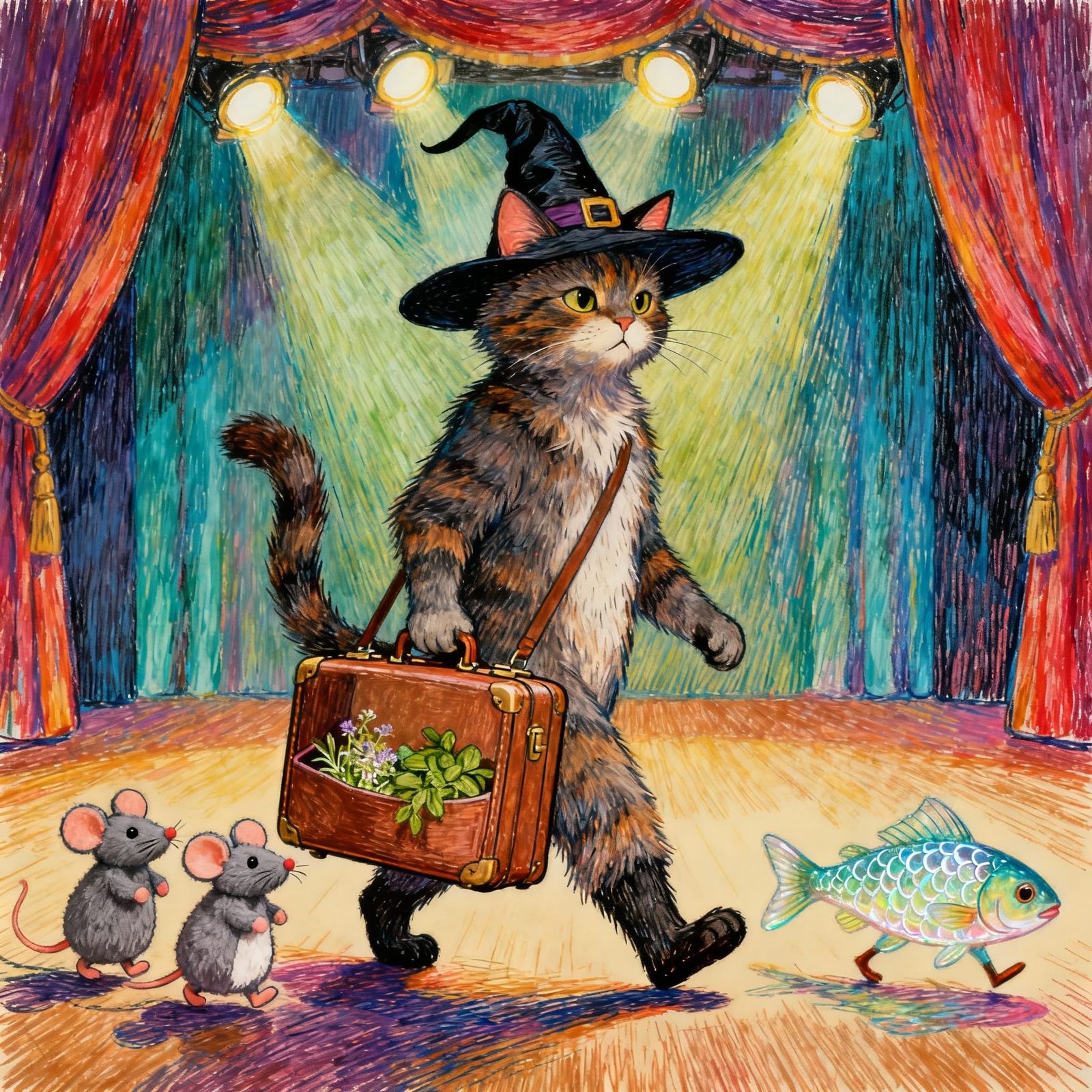 Witch Cat at Off-Broadway Theaters With Plushy Friends