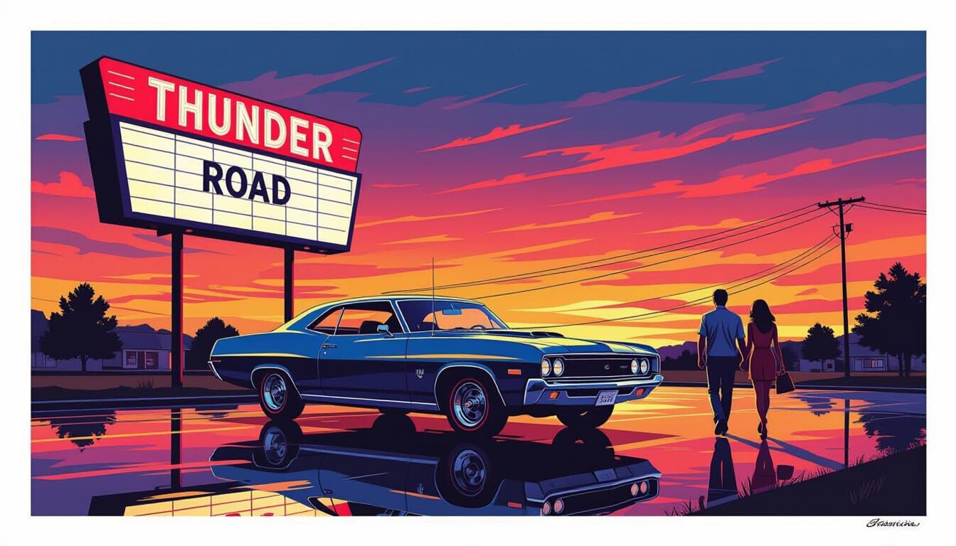 1960s Muscle Car at Drive-In Under 'Thunder Road' Marquee