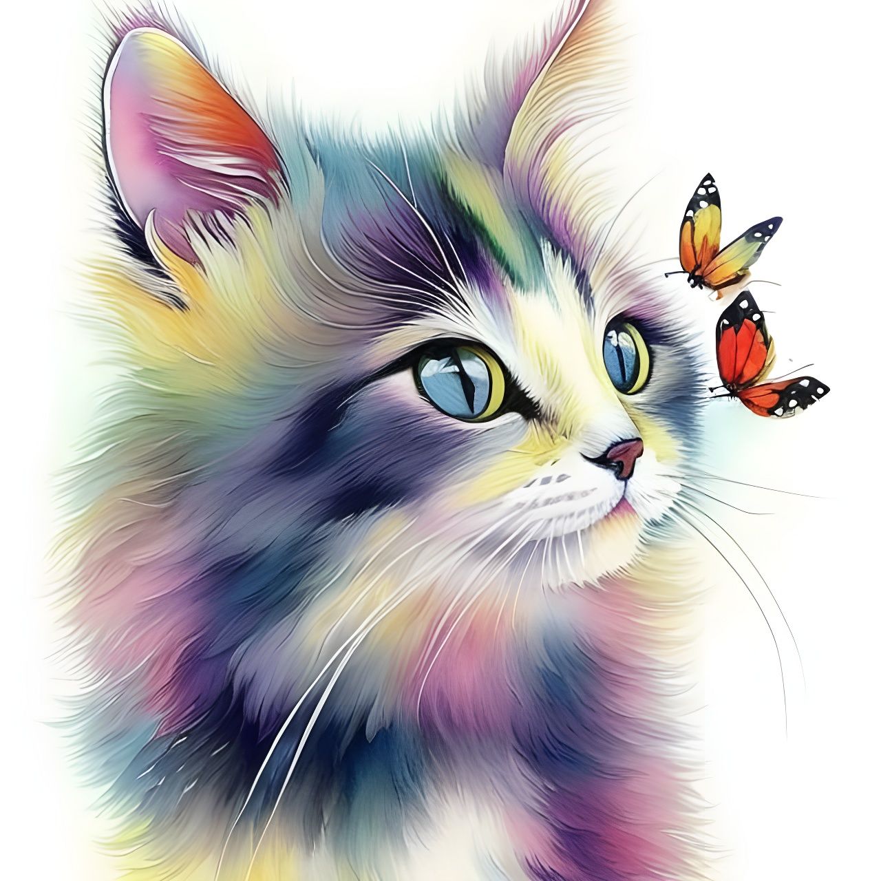 Rainbow Kitten with Butterfly, Watercolor Art