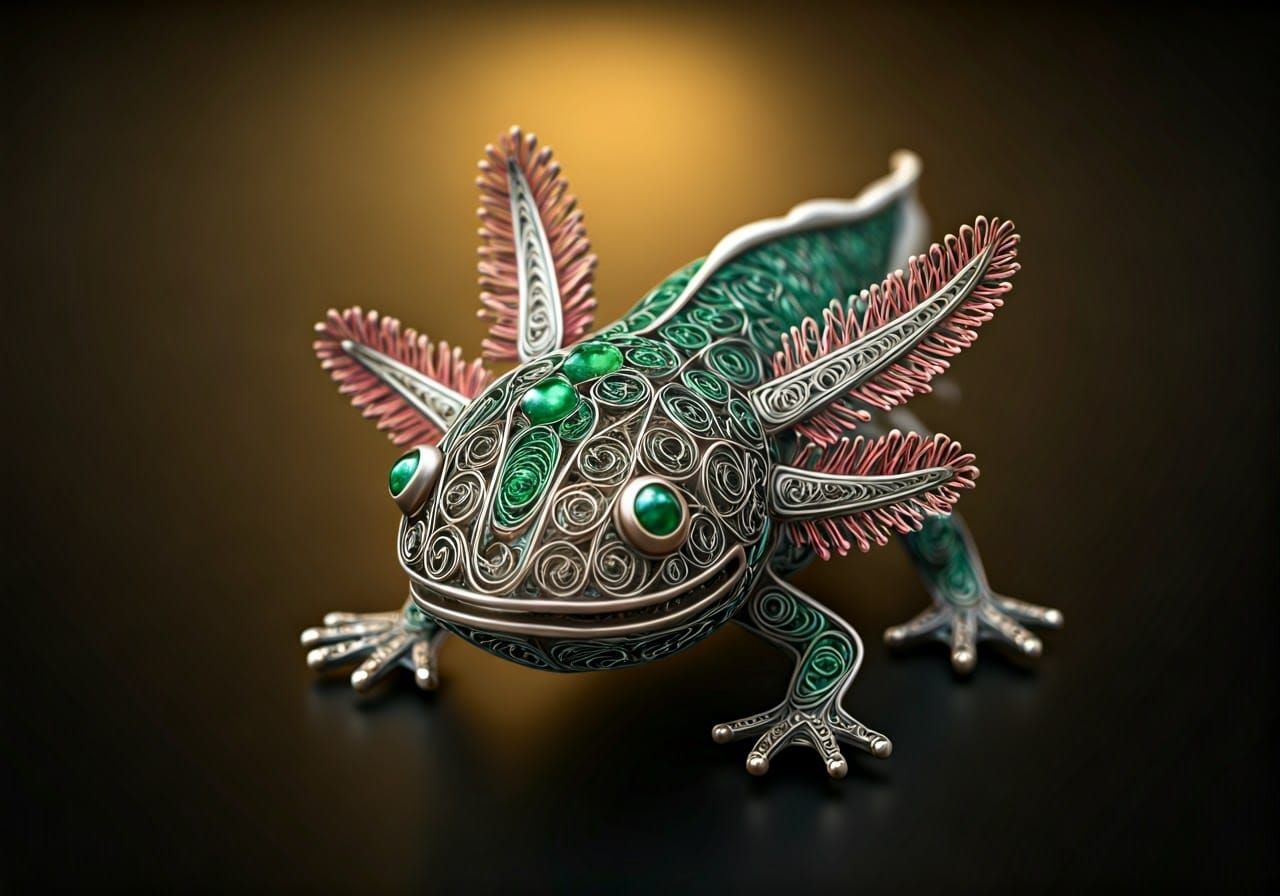 Luxurious Filigree Axolotl Sculpture in Silver and Jade