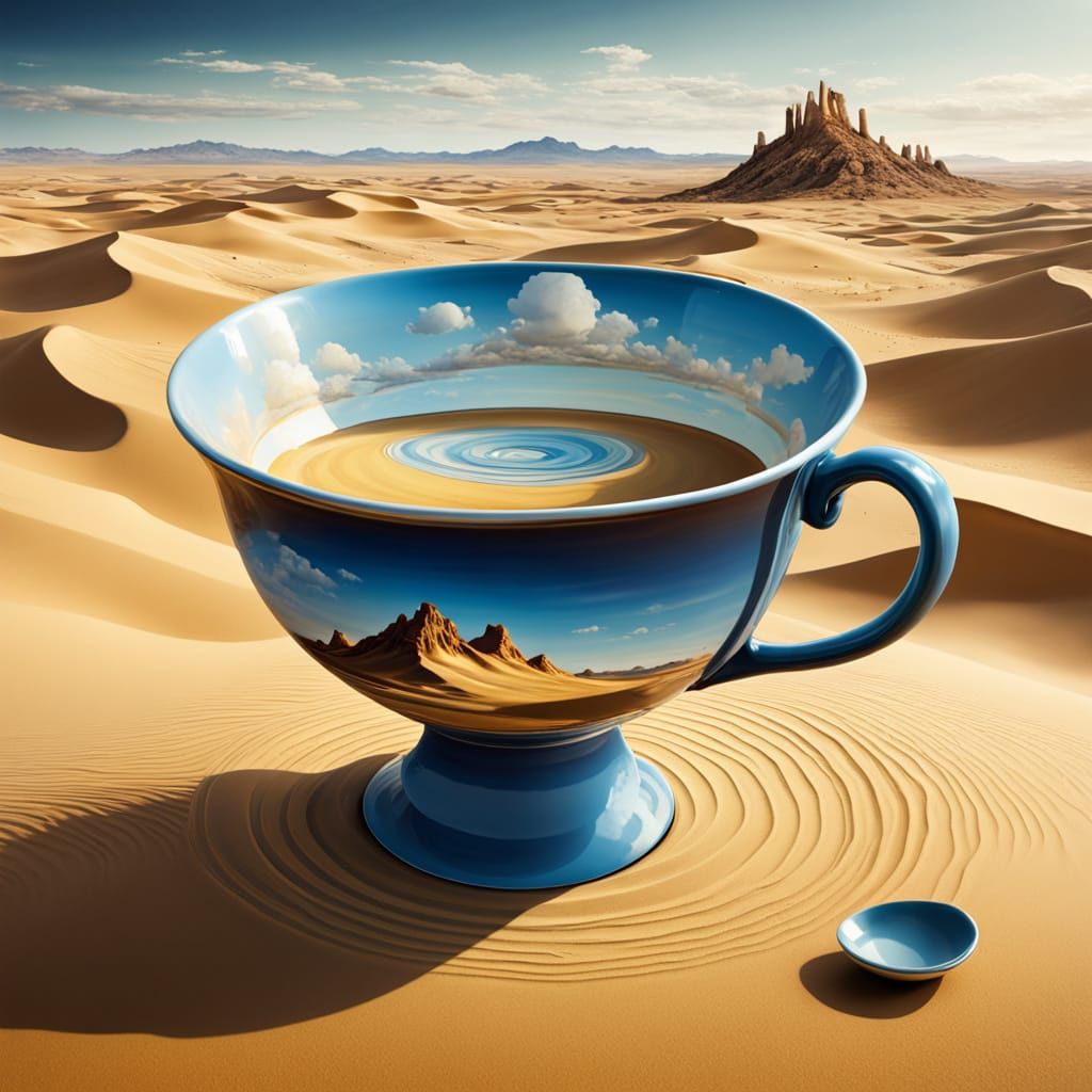 Surreal Giant Teacup in Desert Oil Painting