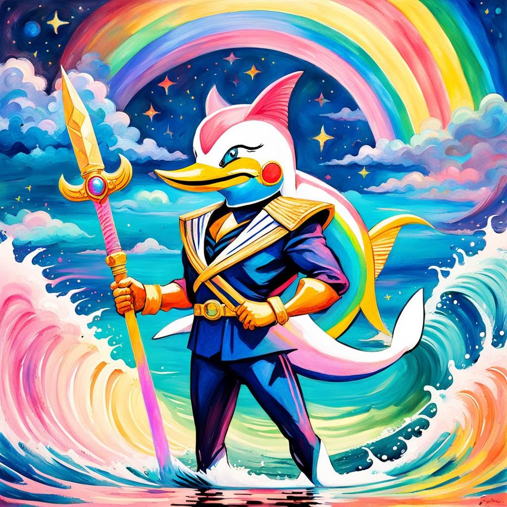 High Gothic Macho Man on Dolphin, Gouache Style