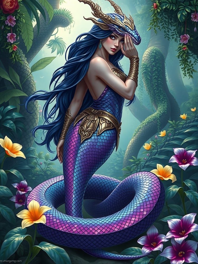 Wonder Woman in the form of a beautiful naga with long snake...