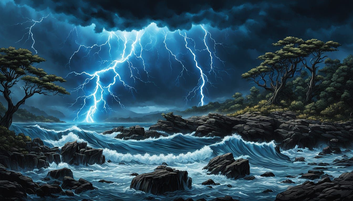 Dramatic Storm Over Rocky Coastline in Comic Book Art