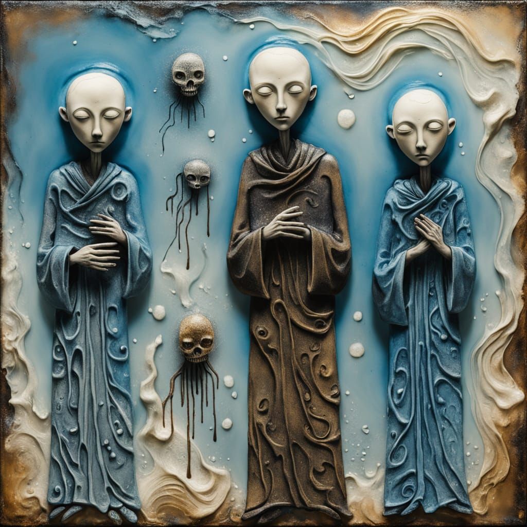 Surreal Encaustic Painting of Three Beings Sharing an Origin