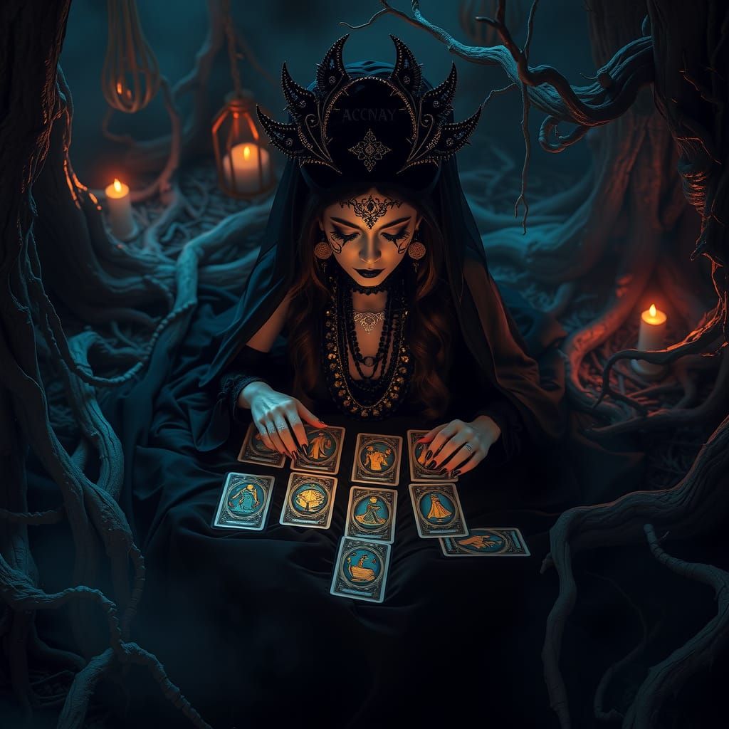 Gothic Woman with Tarot Cards on Forest Altar