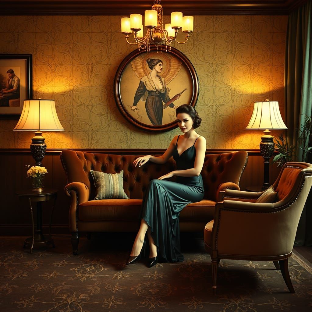 Art Deco Woman in Retro Sitting Room