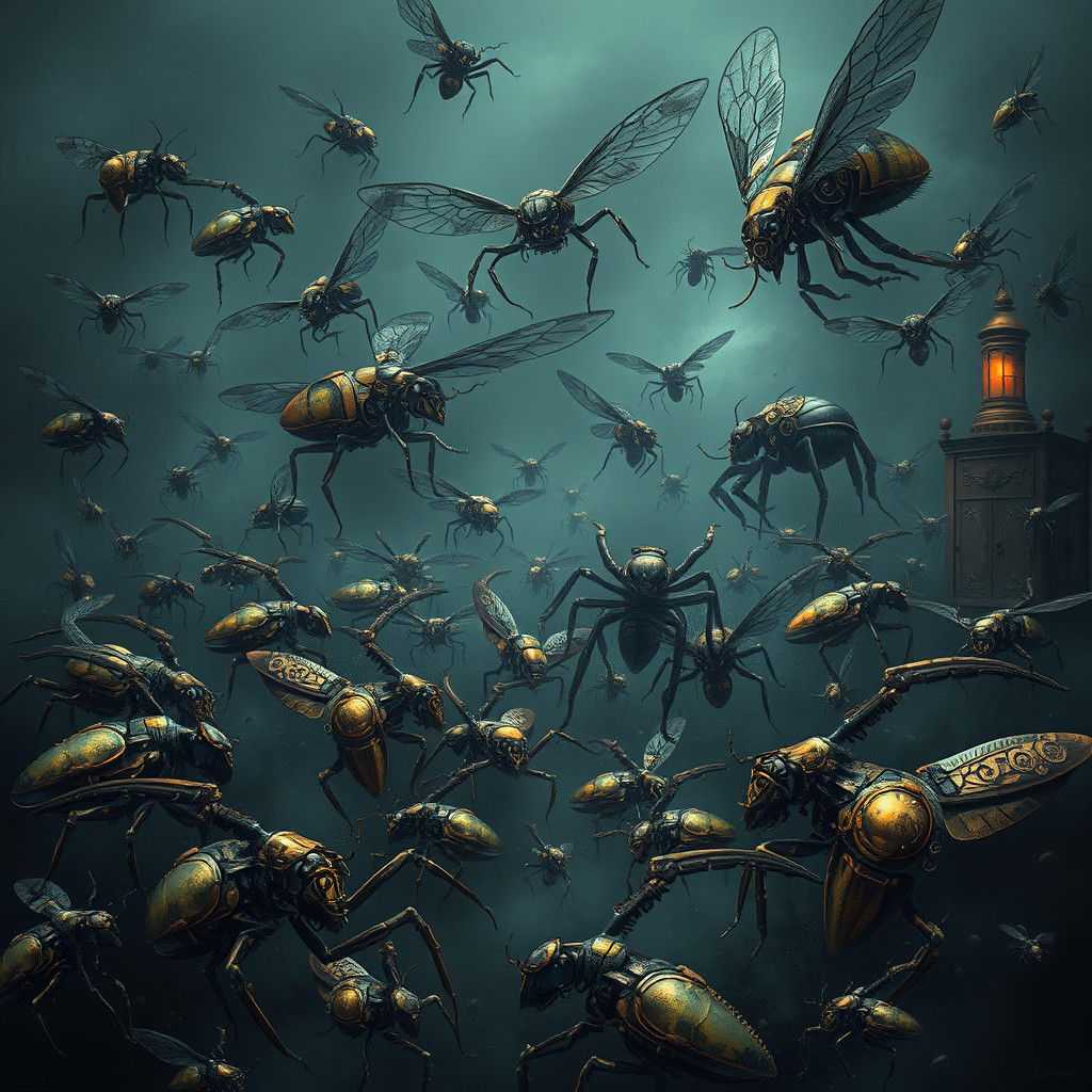 Steampunk Insect Horde in Ominous Industrial Setting
