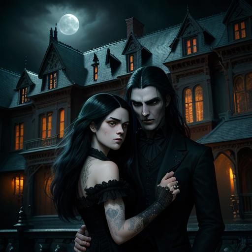 Gothic Vampire Couple Portrait in Dark Ambience