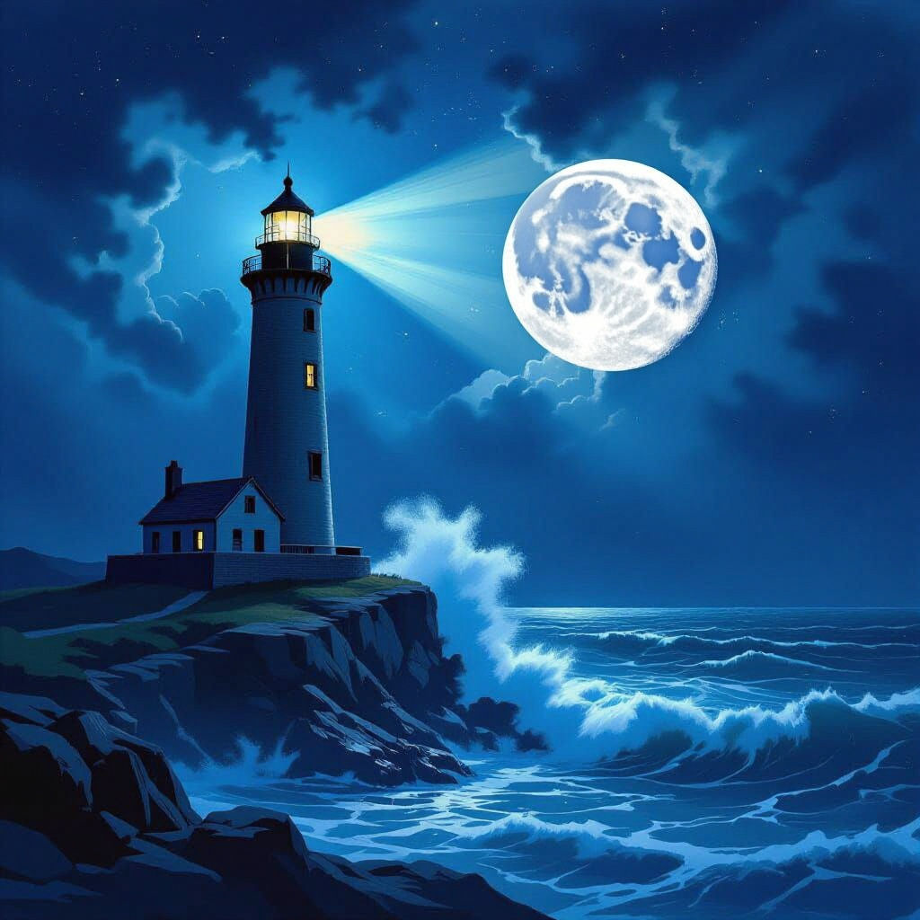 Lighthouse Beam Pierces Starry Night Sky Over Churning Ocean