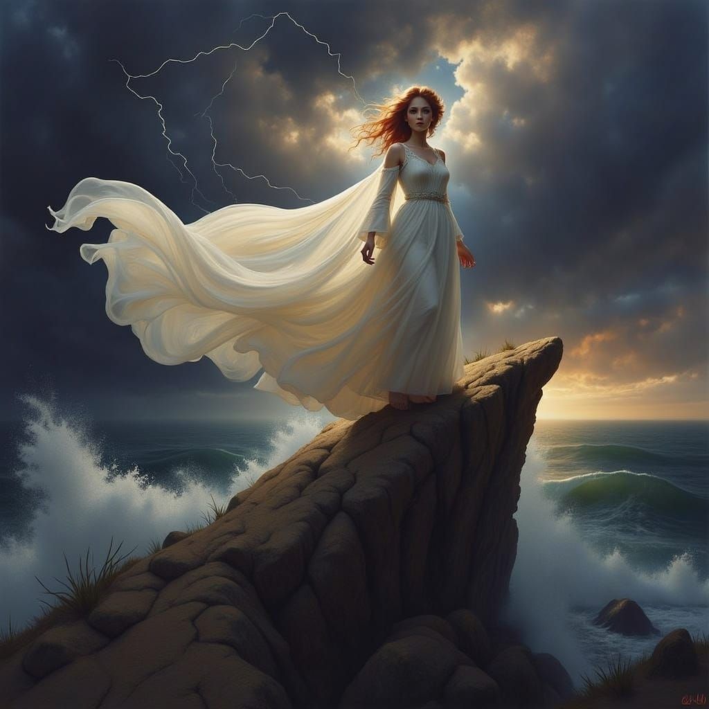 Triumphant Woman in Storm, Romantic Digital Art