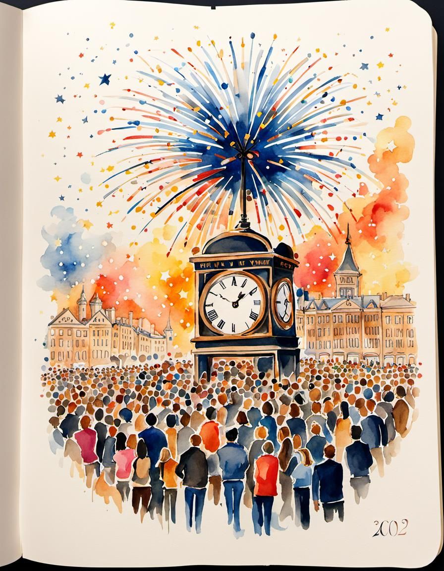 New Year's Eve Watercolor Fireworks Display