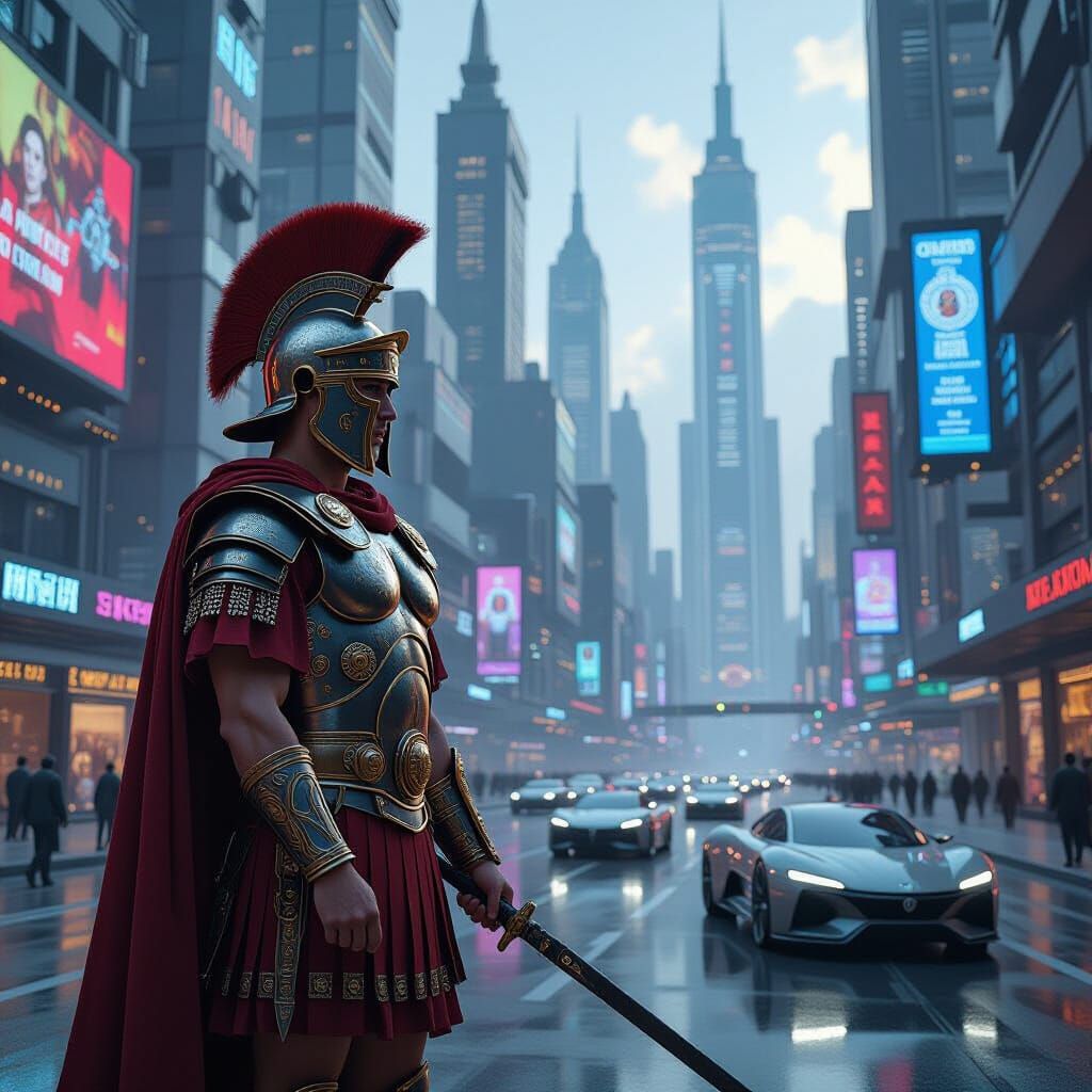 Roman Legionary Guards a Futuristic Cyberpunk City