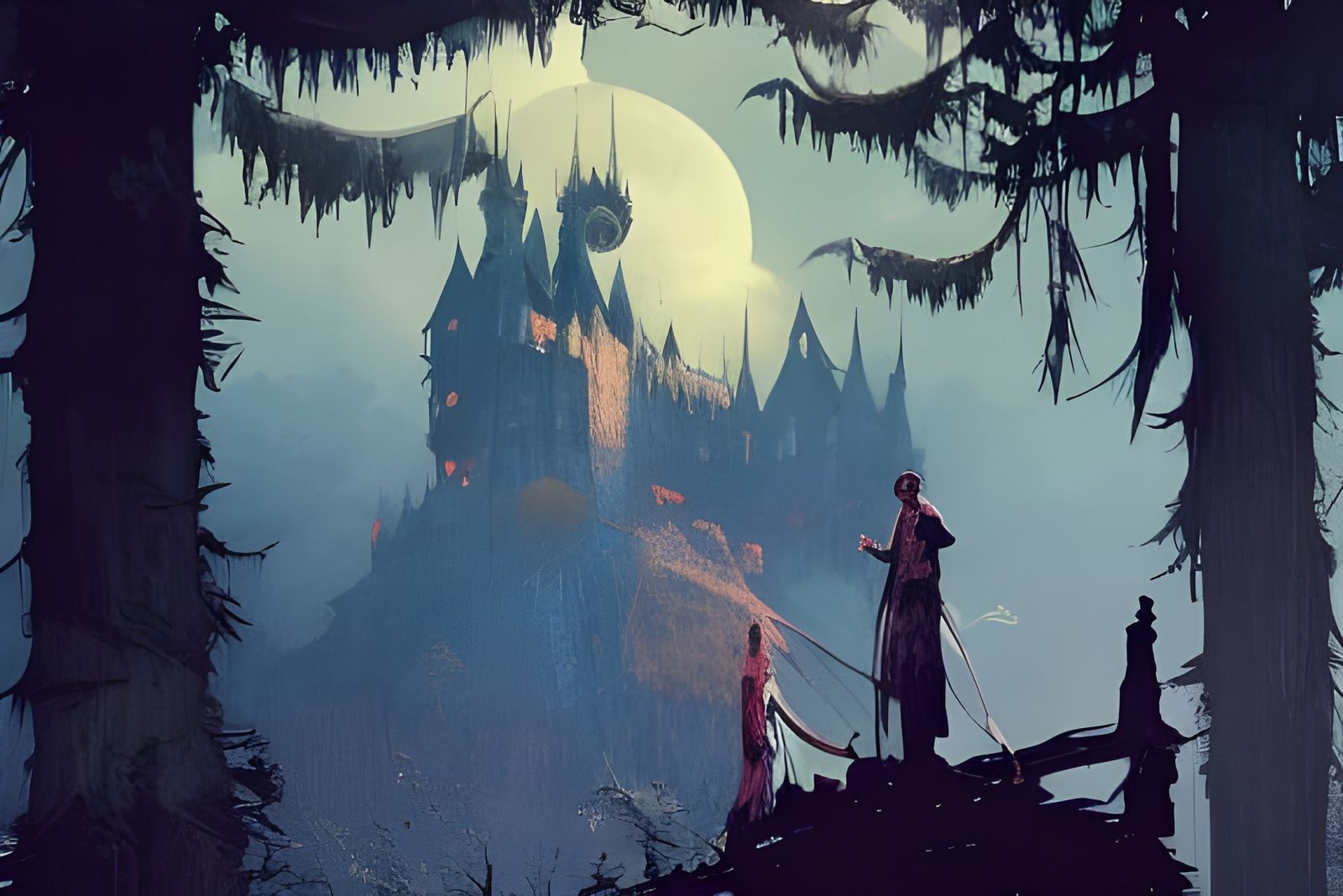 Ravenloft Castle Overlooking Forest at Sunset