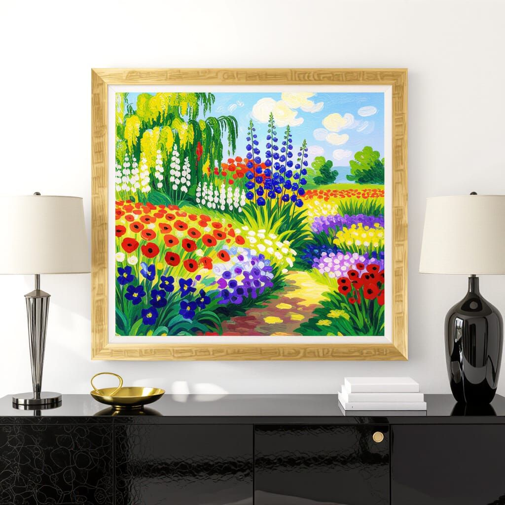Vibrant Oil Painting of Mixed Garden Flowers in Monet Style