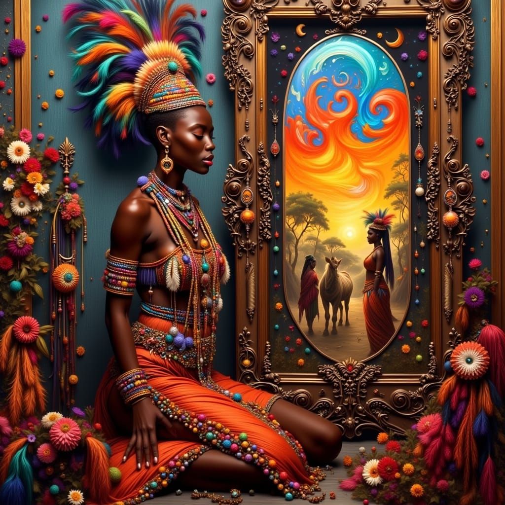 Zulu Queen's Visions in Ornate Mirror