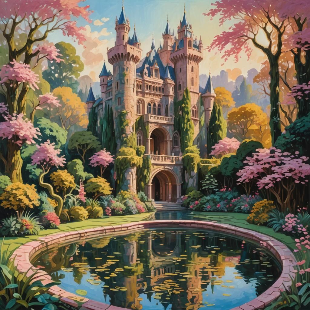 Ornate Castle with Garden in Impressionist Gouache