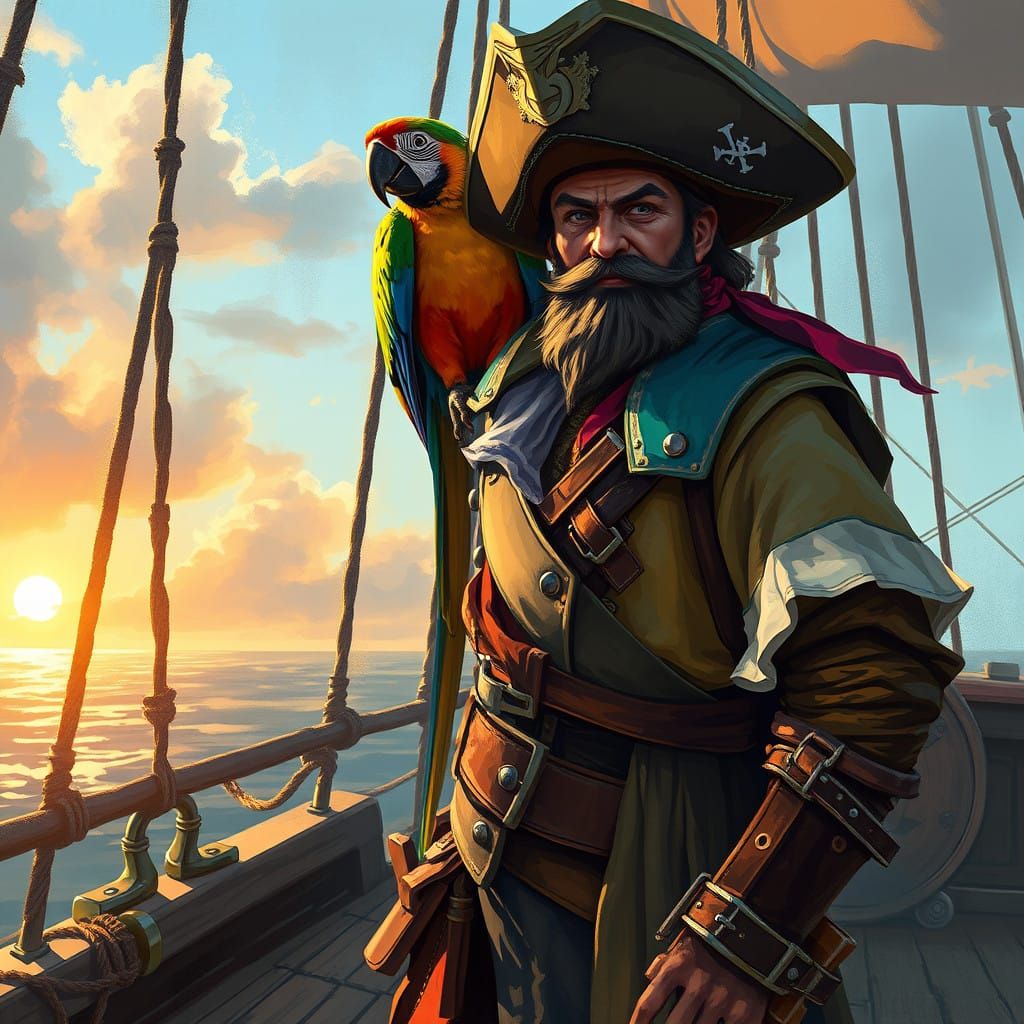 Vibrant Pirate and Parrot on Sunset Ship Deck