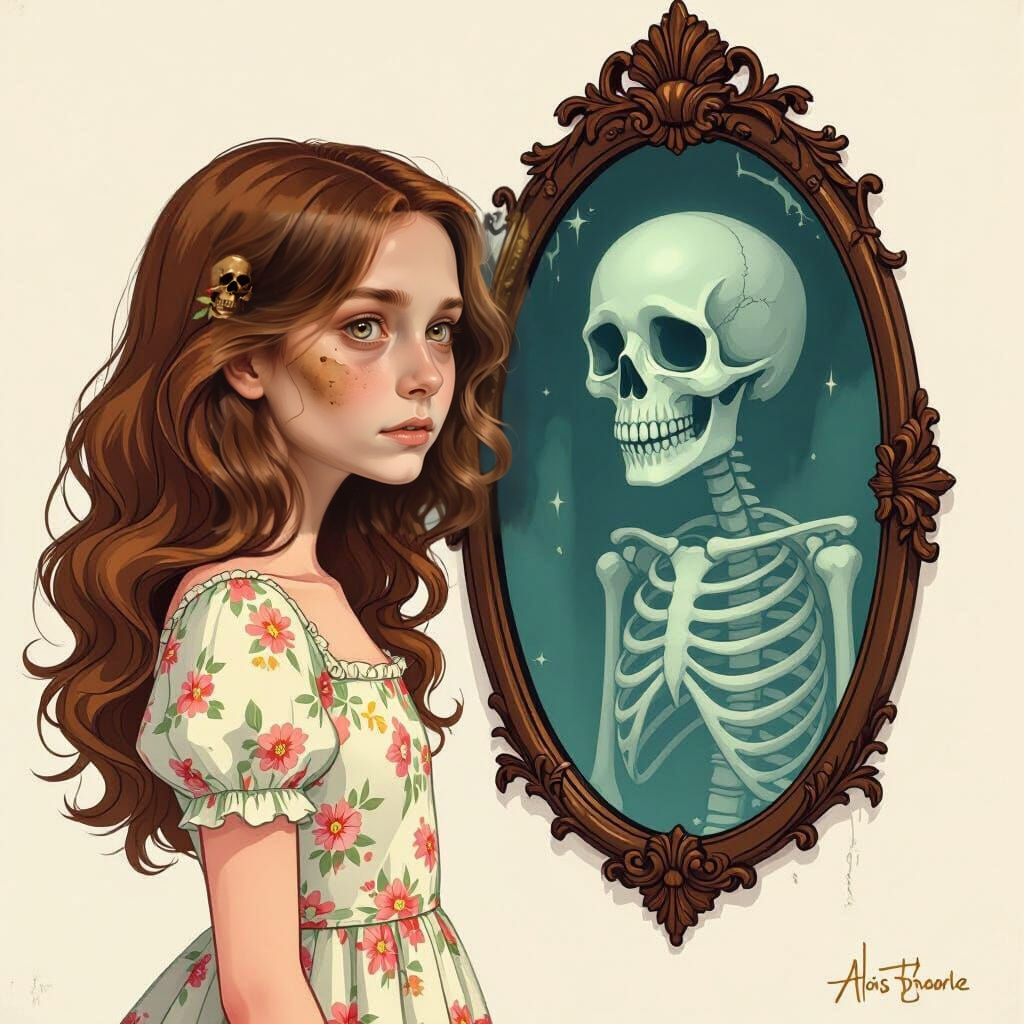Girl's Reflection Reveals a Skeletal Grin