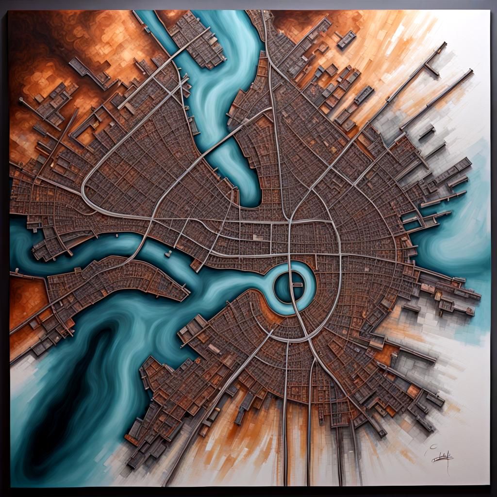 Hyperrealistic Calligraphic City Map in Abstract Art Style