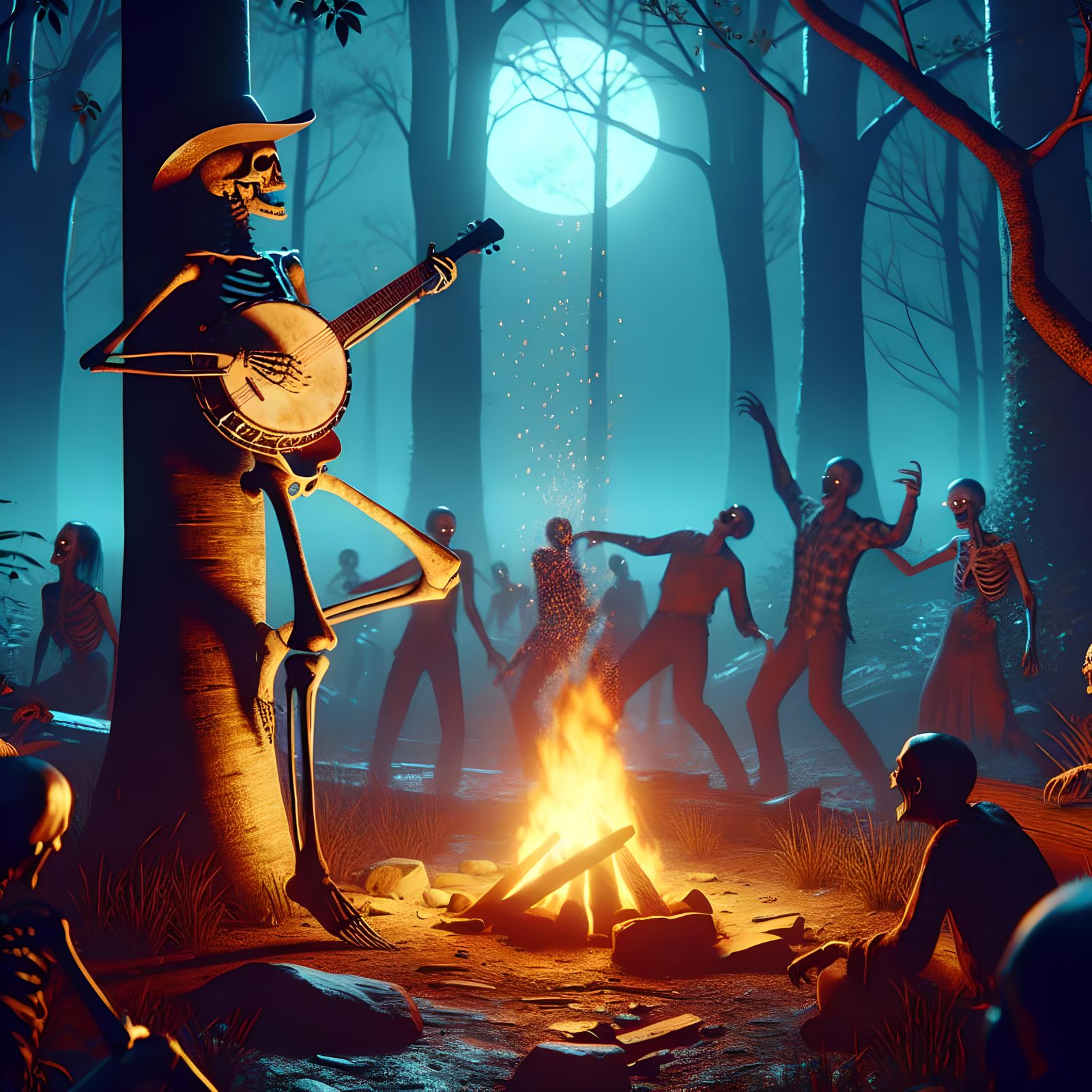Skeletal Banjo Player in Forest: 3D Macabre Image
