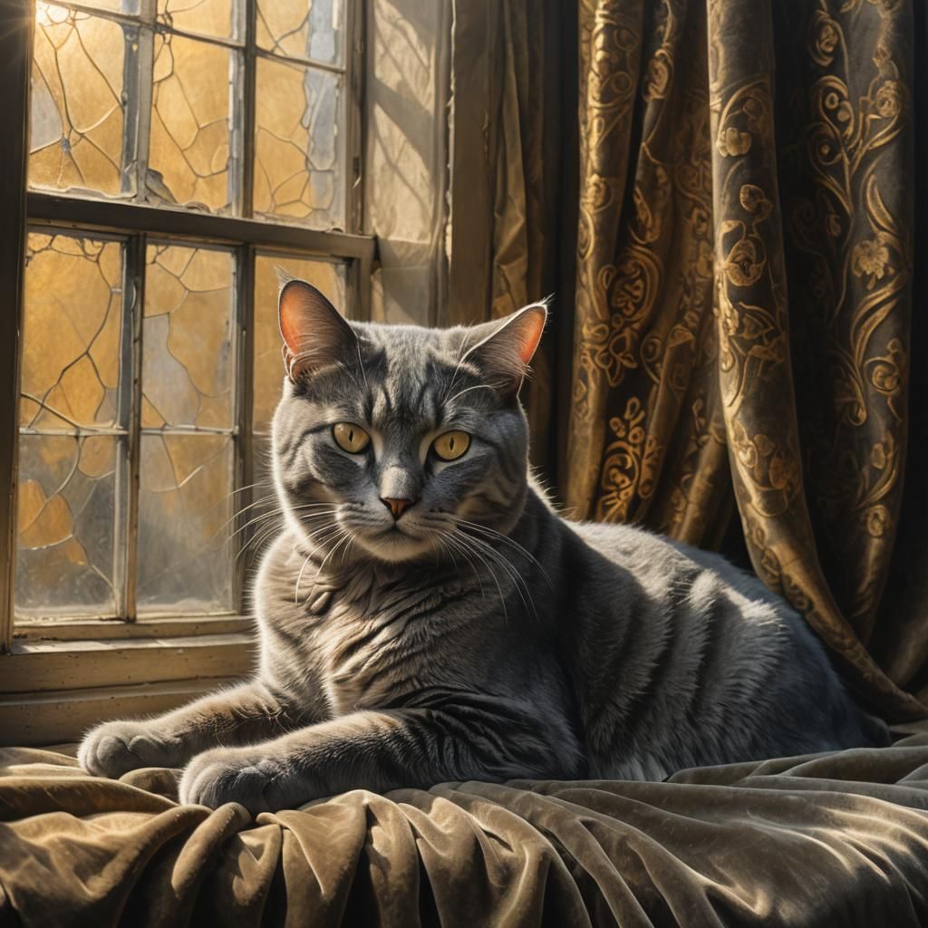 Photorealistic Grey Cat in Golden Light