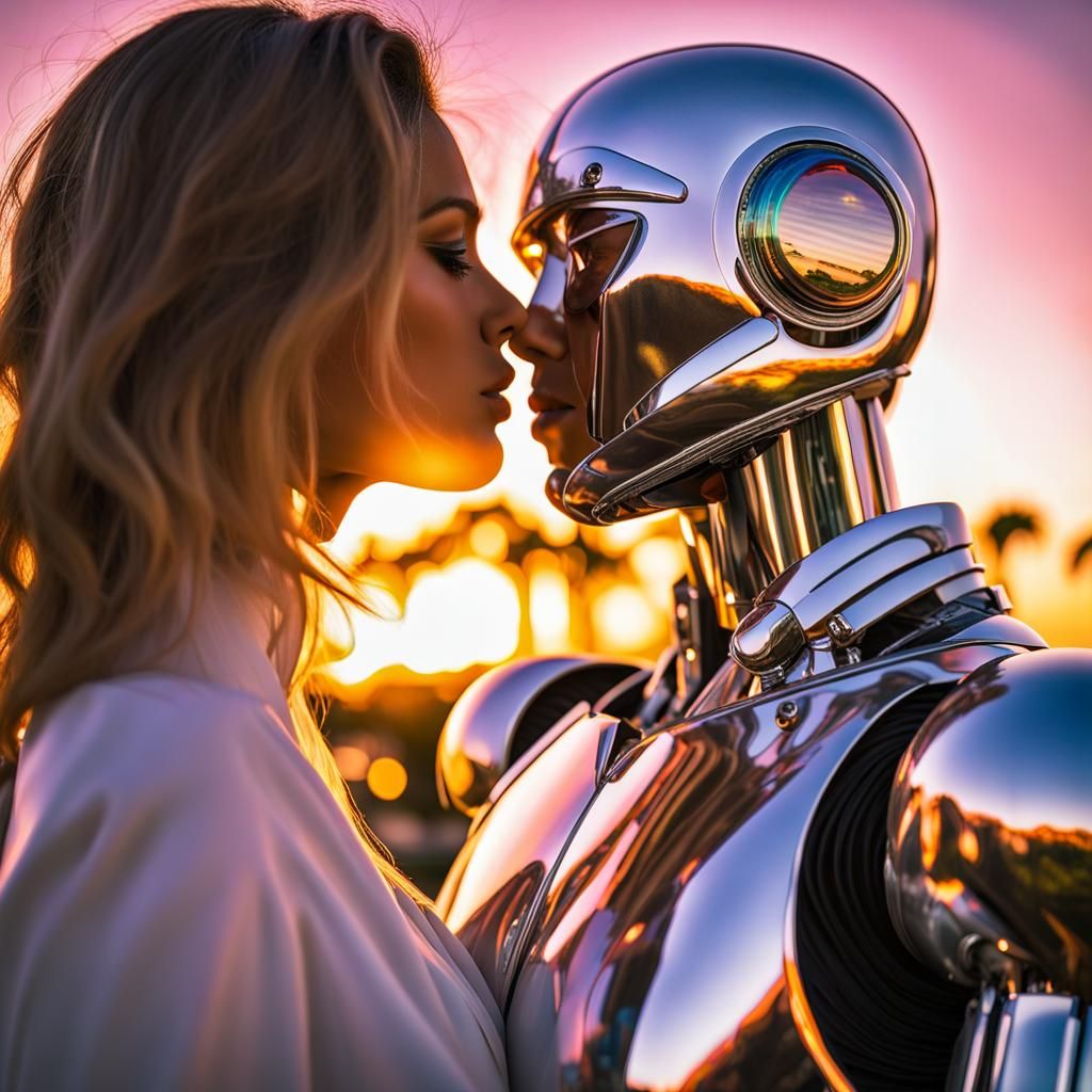 Robots Kissing at Synthwave Sunset