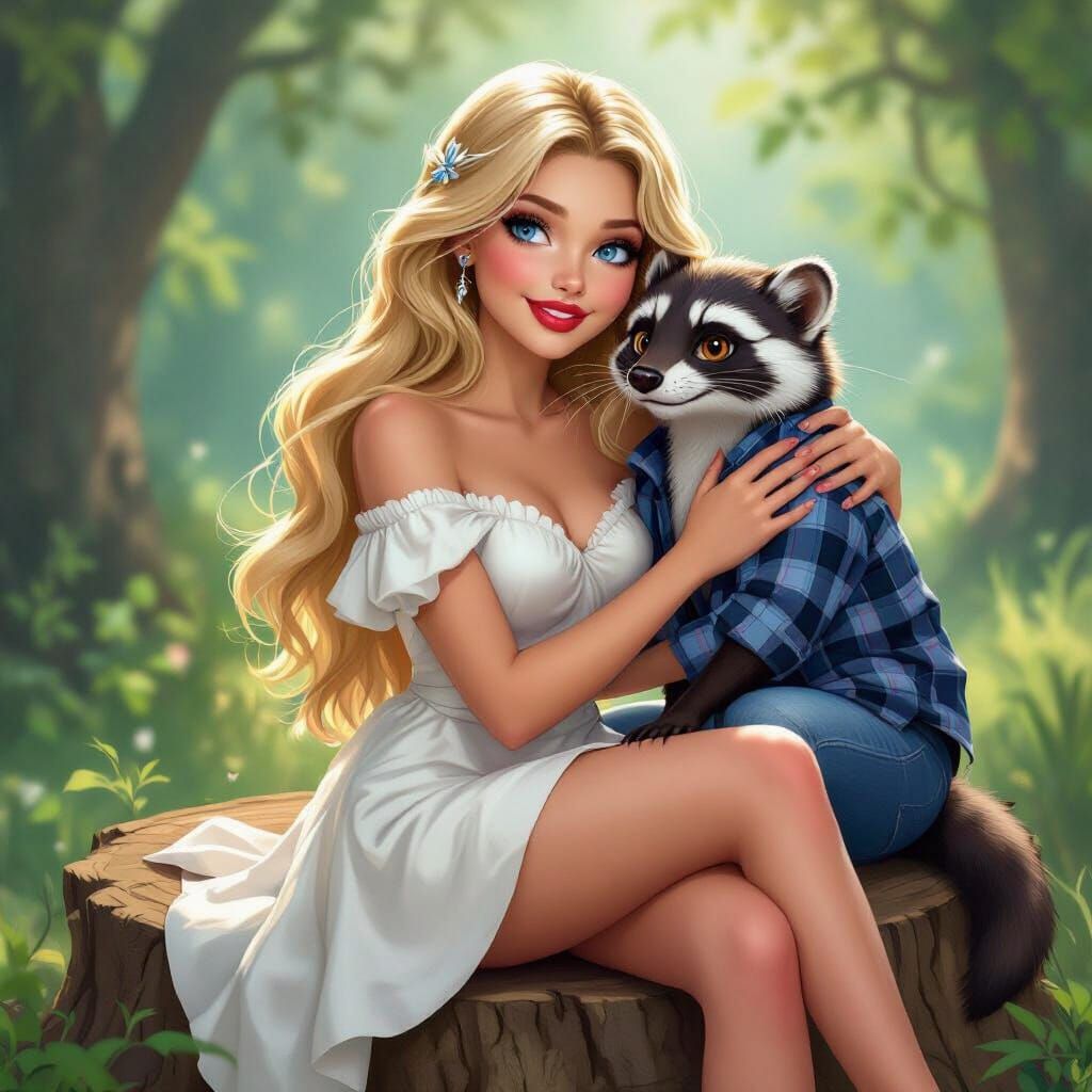 Girl and Weasel in Whimsical Disney Pixar Style