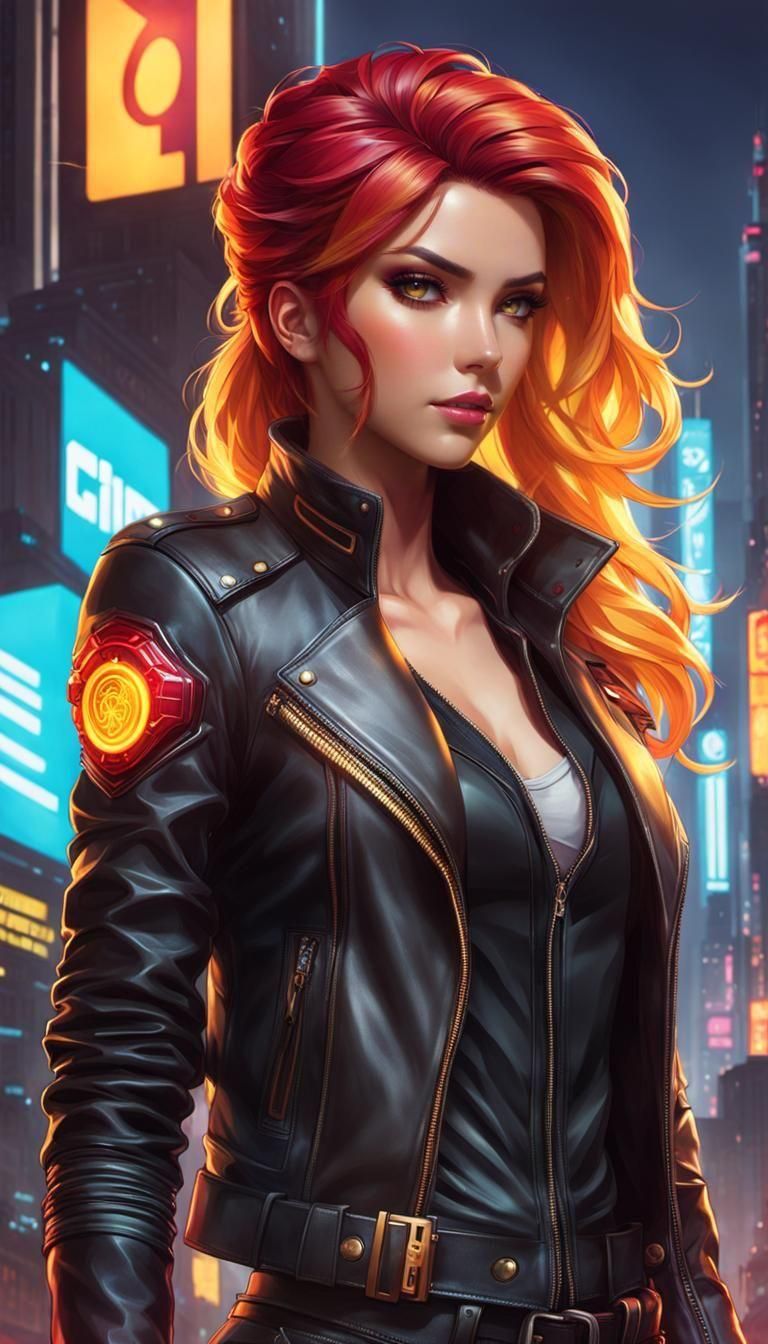 Cyberpunk Portrait of Woman in Leather Jacket